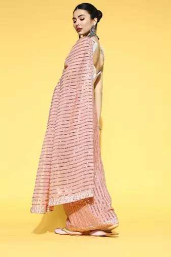 pink striped saree with embellished border