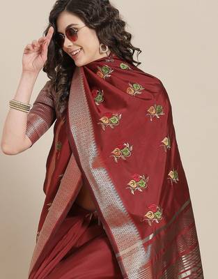 maroon maroon floral embroidered cotton saree 1