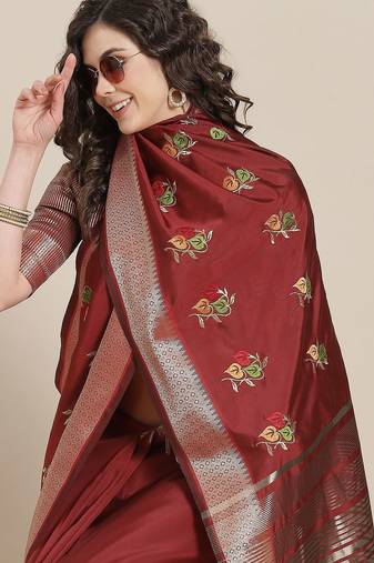 maroon maroon floral embroidered cotton saree