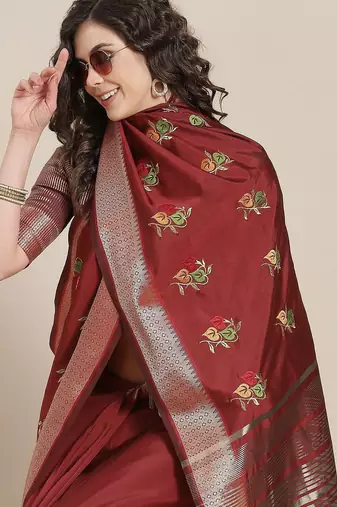 maroon maroon floral embroidered cotton saree