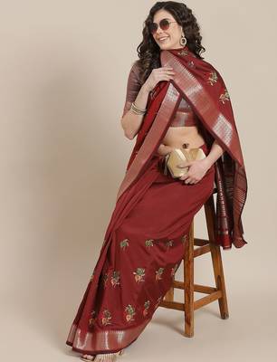 maroon maroon floral embroidered cotton saree 2