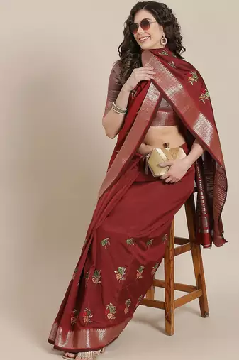 maroon maroon floral embroidered cotton saree