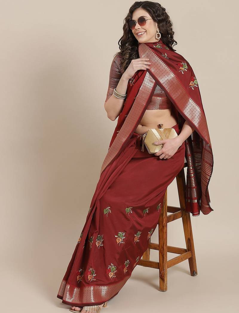 maroon maroon floral embroidered cotton saree