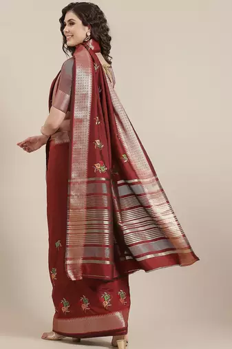 maroon maroon floral embroidered cotton saree
