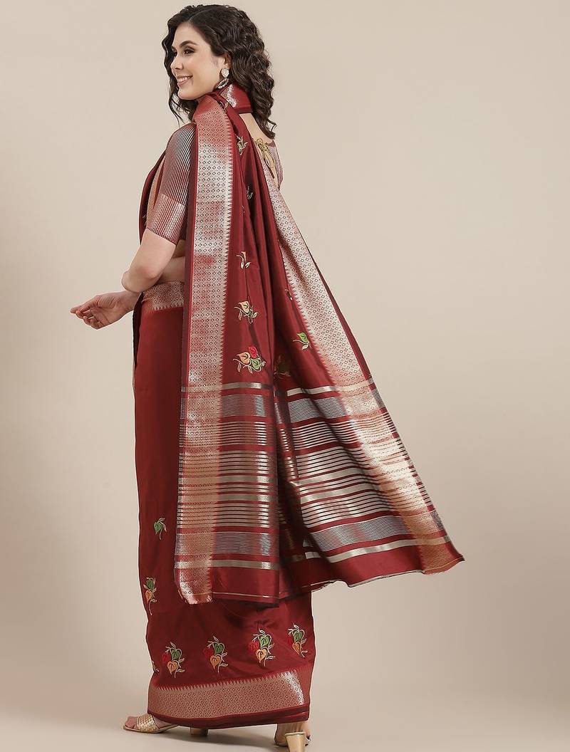 maroon maroon floral embroidered cotton saree