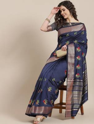 navy_blue navy blue & green floral embroidered cotton saree 1