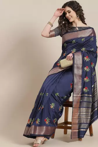 navy_blue navy blue & green floral embroidered cotton saree