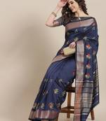 navy_blue navy blue & green floral embroidered cotton saree