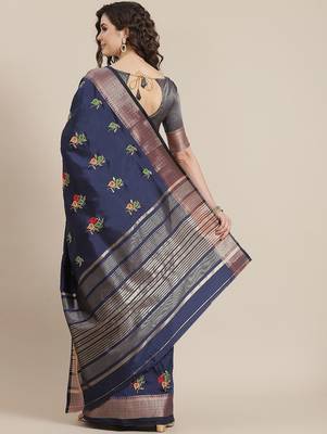 navy_blue navy blue & green floral embroidered cotton saree 2