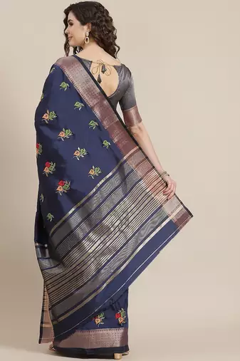 navy_blue navy blue & green floral embroidered cotton saree