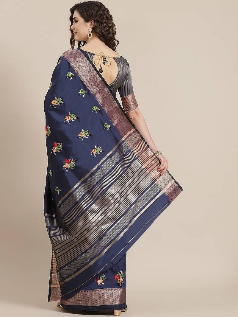 navy_blue navy blue & green floral embroidered cotton saree