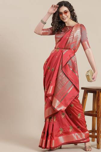 pink women pink & green embroidered chanderi saree
