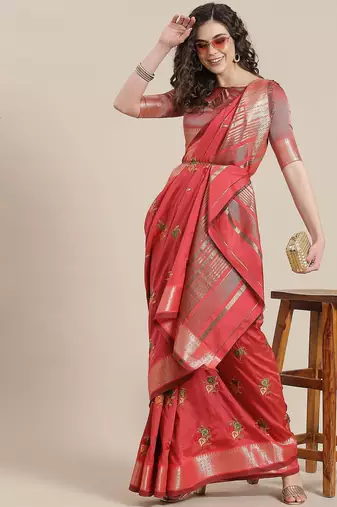 pink women pink & green embroidered chanderi saree