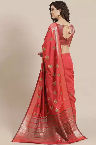 pink women pink & green embroidered chanderi saree