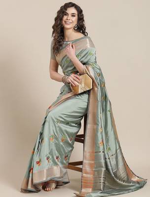 blue blue floral embroidered cotton saree with blouse 1