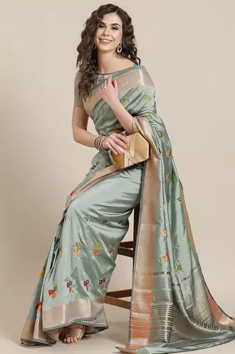 blue blue floral embroidered cotton saree with blouse