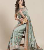 blue blue floral embroidered cotton saree with blouse
