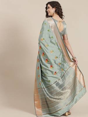 blue blue floral embroidered cotton saree with blouse 2