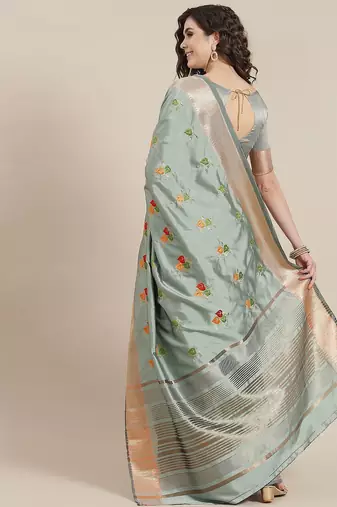 blue blue floral embroidered cotton saree with blouse