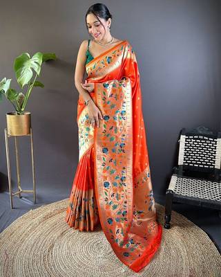 orange woven design zari paithani saree 1