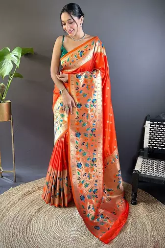 orange woven design zari paithani saree