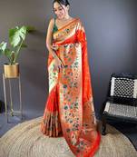 orange woven design zari paithani saree