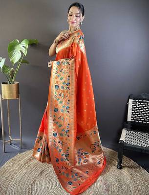 orange woven design zari paithani saree 2