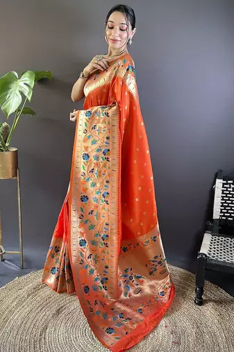 orange woven design zari paithani saree