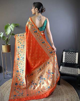 orange woven design zari paithani saree 3