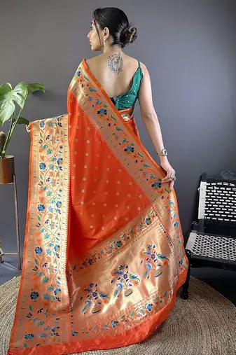 orange woven design zari paithani saree