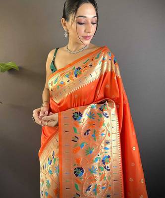 orange woven design zari paithani saree 4