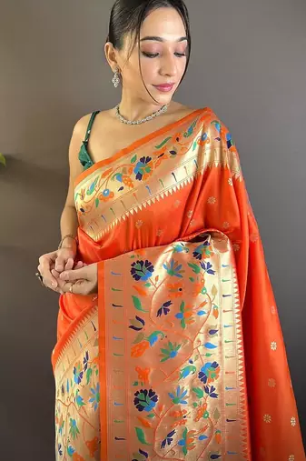 orange woven design zari paithani saree