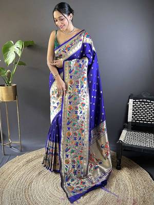 blue woven design zari paithani saree 1