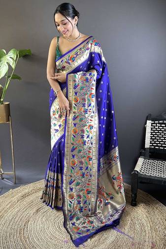 blue woven design zari paithani saree