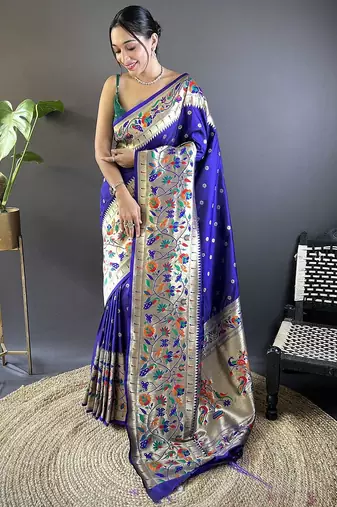 blue woven design zari paithani saree