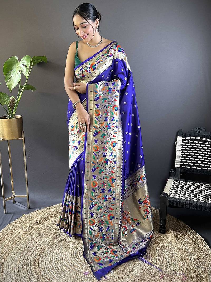 blue woven design zari paithani saree