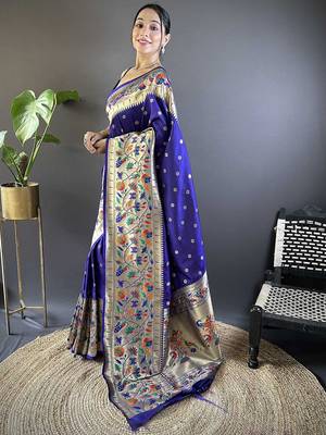 blue woven design zari paithani saree 2