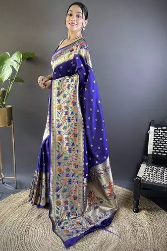 blue woven design zari paithani saree