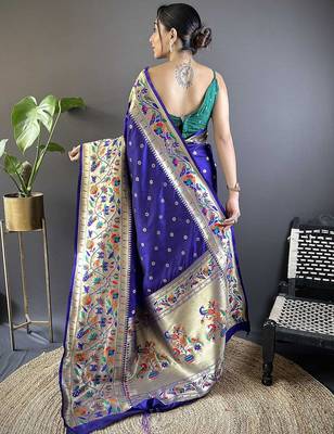 blue woven design zari paithani saree 3