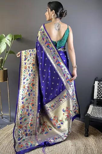 blue woven design zari paithani saree