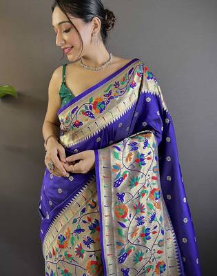 blue woven design zari paithani saree 4
