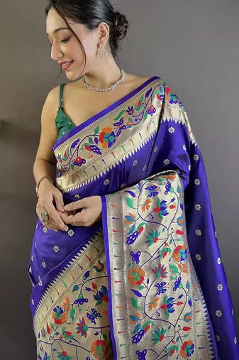blue woven design zari paithani saree