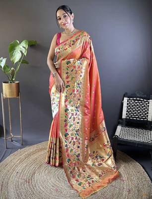peach woven design zari paithani saree 1