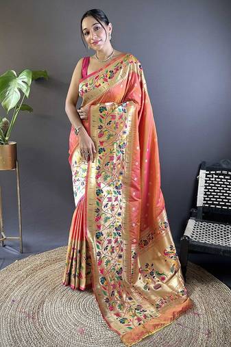 peach woven design zari paithani saree