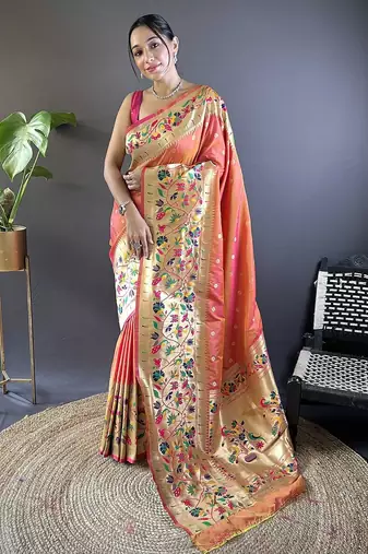 peach woven design zari paithani saree