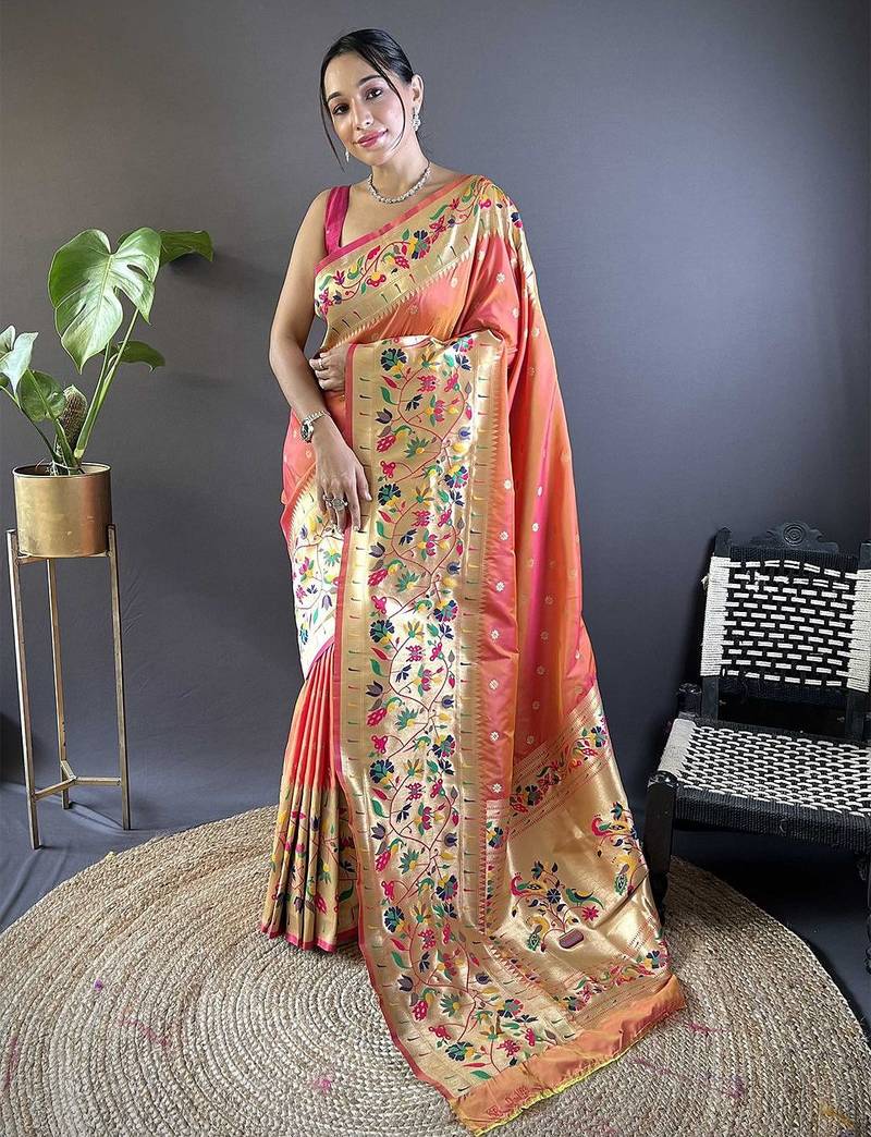 peach woven design zari paithani saree
