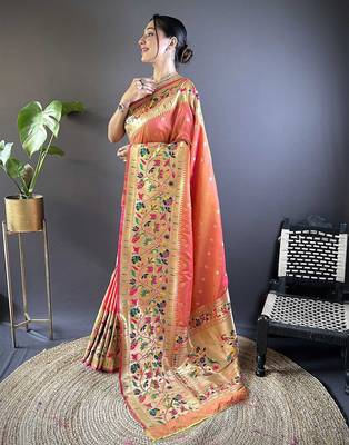 peach woven design zari paithani saree 2