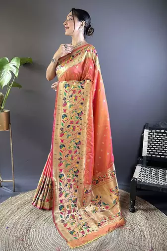 peach woven design zari paithani saree