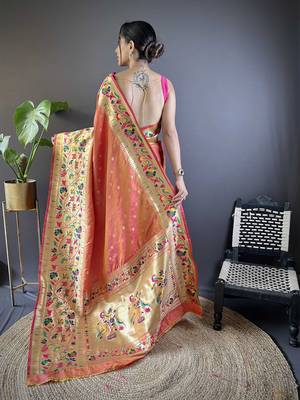 peach woven design zari paithani saree 3