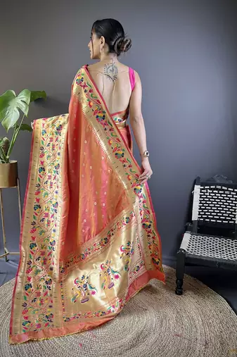 peach woven design zari paithani saree